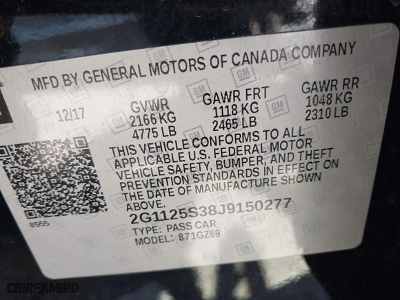 2018 Chevrolet Impala Premier with VIN 2G1125S38J9150277, listed as a IAAI auction lot 41835040 with 84,309 mi miles. Bid and sale history available at carsss.com. Image 9.