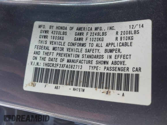 2015 Honda Accord LX with VIN 1HGCR2F3XFA082713, listed as a IAAI auction lot 41386992 with 110,546 mi miles. Bid and sale history available at carsss.com. Image 9.