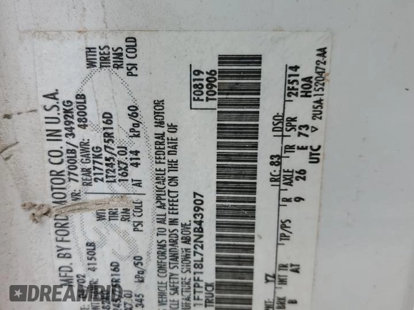 2002 Ford F-150 XL с VIN 1FTPF18L72NB43907, выставлен на аукционе Copart как лот 50898724 с пробегом 199 982 миль миль и На запчасти • Non repairable. История ставок и продаж доступна на DreamBid. Изображение 12.