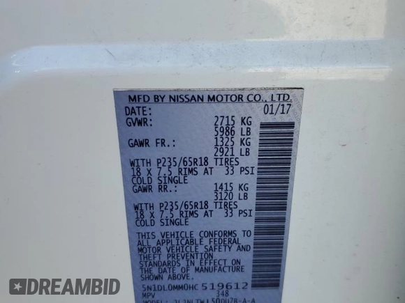 2017 Infiniti QX60 with VIN 5N1DL0MM0HC519612, listed as a Copart auction lot 55496365 with 140,205 mi miles and Salvage Title. Bid and sale history available at DreamBid. Image 13.