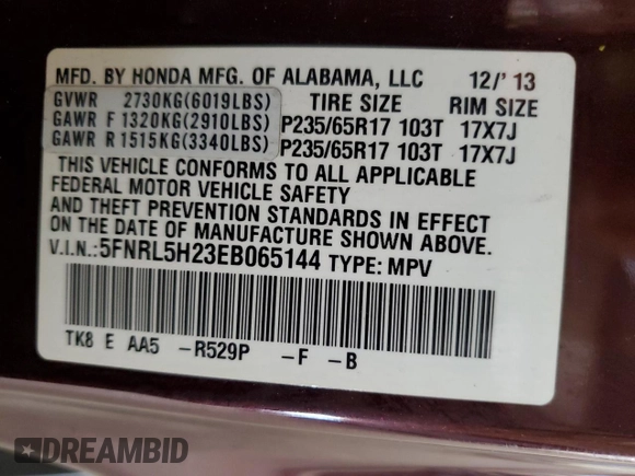 2014 Honda Odyssey LX с VIN 5FNRL5H23EB065144, выставлен на аукционе Copart как лот 59421445 с пробегом 78 702 миль миль и Списание • Salvage title. История ставок и продаж доступна на DreamBid. Изображение 13.