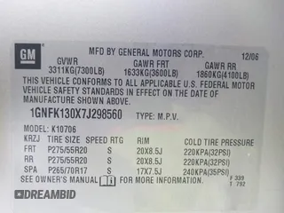 2007 Chevrolet Tahoe LTZ z VIN 1GNFK130X7J298560, wystawiony jako IAAI lot #42127703 z przebiegiem 268 095 mil mil oraz . Historia ofert i sprzedaży dostępna na DreamBid. Obrazek 9.