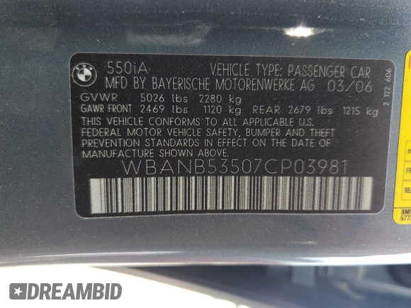 2007 BMW 5 Series 550i with VIN WBANB53507CP03981, listed as a Copart auction lot 50987905 with 163,247 mi miles and Salvage Title. Bid and sale history available at DreamBid. Image 13.