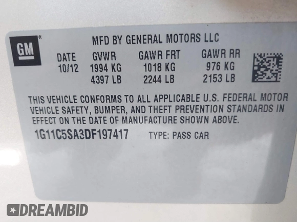 2013 Chevrolet Malibu LT with VIN 1G11C5SA3DF197417, listed as a IAAI auction lot 41737130 with 179,520 mi miles and . Bid and sale history available at DreamBid. Image 9.
