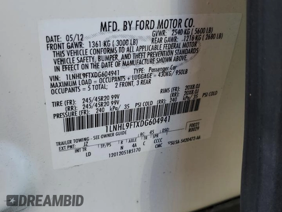 2013 Lincoln MKS EcoBoost with VIN 1LNHL9FTXDG604941, listed as a Copart auction lot 47445485 with 66,591 mi miles and Salvage title. Bid and sale history available at DreamBid. Image 14.
