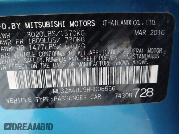 2017 Mitsubishi Mirage SE z VIN ML32A4HJ9HH006566, wystawiony jako IAAI lot #41928335 z przebiegiem 80 424 mil mil oraz . Historia ofert i sprzedaży dostępna na DreamBid. Obrazek 9.