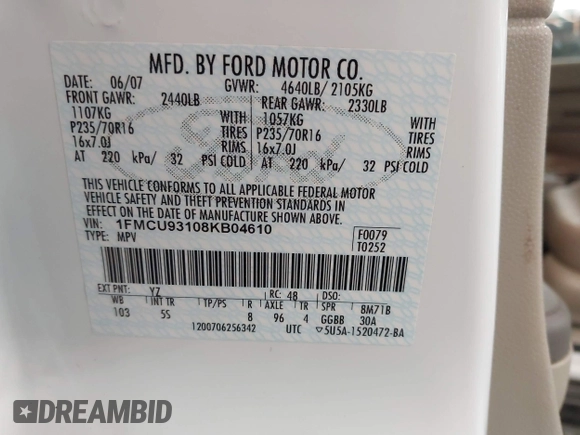 2008 Ford Escape XLT z VIN 1FMCU93108KB04610, wystawiony jako IAAI lot #42453521 z przebiegiem 186 306 mil mil oraz . Historia ofert i sprzedaży dostępna na DreamBid. Obrazek 9.