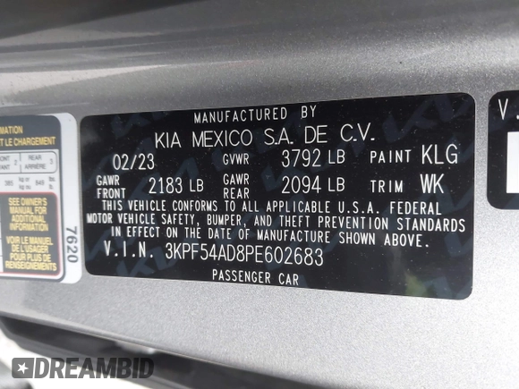2023 Kia Forte GT-Line z VIN 3KPF54AD8PE602683, wystawiony jako IAAI lot #41444418 z przebiegiem 52 229 mil mil oraz . Historia ofert i sprzedaży dostępna na DreamBid. Obrazek 9.