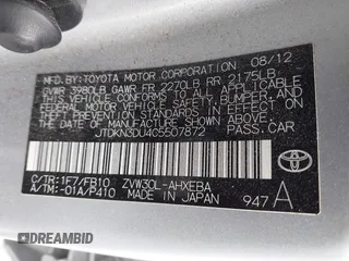 2012 Toyota Prius One with VIN JTDKN3DU4C5507872, listed as a IAAI auction lot 41739495 with 193,561 mi miles. Bid and sale history available at carsss.com. Image 9.