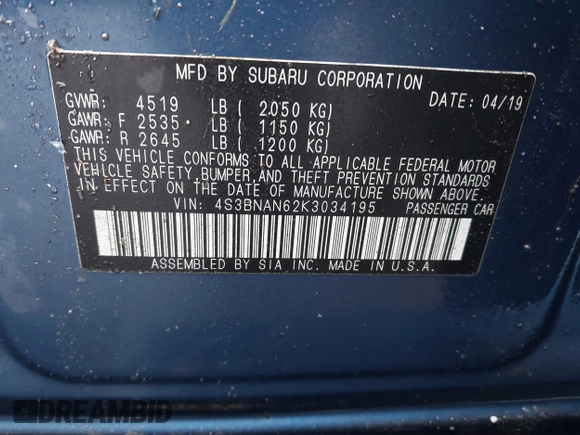 2019 Subaru Legacy Limited with VIN 4S3BNAN62K3034195, listed as a IAAI auction lot 41581383 with 127,000 mi miles and . Bid and sale history available at DreamBid. Image 9.