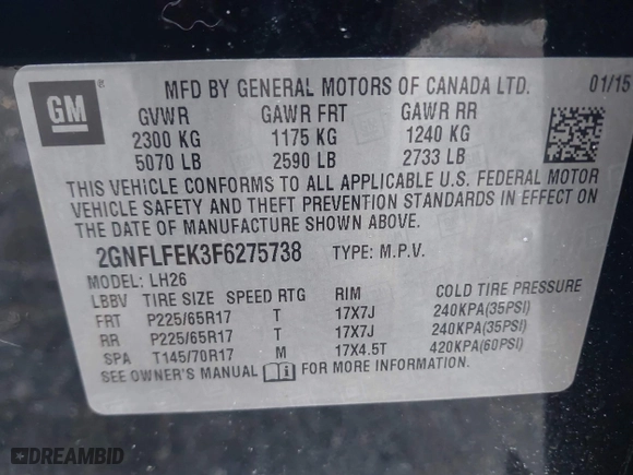 2015 Chevrolet Equinox LT with VIN 2GNFLFEK3F6275738, listed as a IAAI auction lot 42019028 with 118,311 mi miles. Bid and sale history available at carsss.com. Image 9.