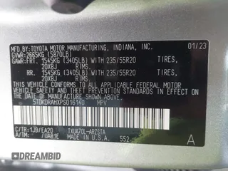 2023 Toyota Highlander L with VIN 5TDKDRAHXPS016140, listed as a IAAI auction lot 42275211 with 33,144 mi miles and . Bid and sale history available at DreamBid. Image 9.