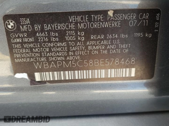 2011 BMW 3 Series 335i with VIN WBAPM5C58BE578468, listed as a Copart auction lot 44520795 with 141,162 mi miles and Salvage Title. Bid and sale history available at carsss.com. Image 14.