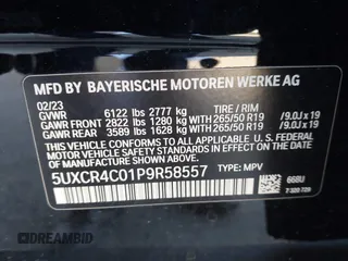 2023 BMW X5 sDrive40i with VIN 5UXCR4C01P9R58557, listed as a IAAI auction lot 41826741 with 10,142 mi miles. Bid and sale history available at carsss.com. Image 9.