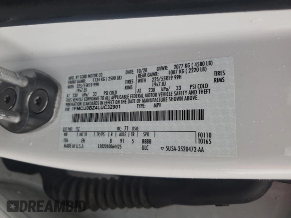 2020 Ford Escape SE Sport Hybrid with VIN 1FMCU0BZ4LUC32901, listed as a Copart auction lot 42052085 with 77,689 mi miles and Salvage Title. Bid and sale history available at DreamBid. Image 15.