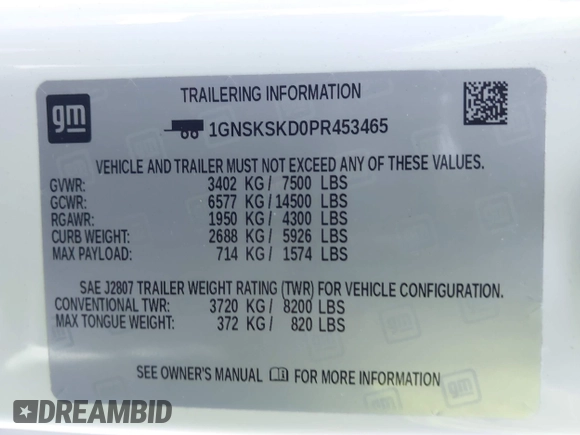 2023 Chevrolet Tahoe Premier with VIN 1GNSKSKD0PR453465, listed as a IAAI auction lot 42512099 with 23,252 mi miles and . Bid and sale history available at DreamBid. Image 9.