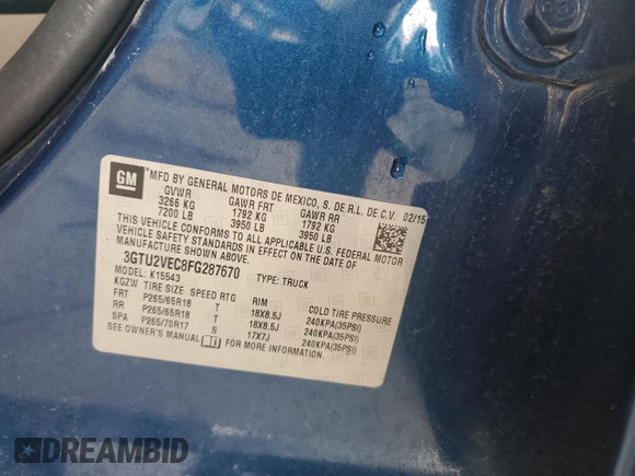 2015 GMC Sierra 1500 SLT with VIN 3GTU2VEC8FG287670, listed as a Copart auction lot 51584525 with 200,413 mi miles and Salvage Title. Bid and sale history available at DreamBid. Image 14.