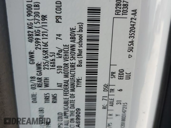 2018 Ford Transit Passenger XL z VIN 1FBZX2YG9JKA69909, wystawiony jako Copart lot #69885874 z przebiegiem 102 175 mil mil oraz Szkoda całkowita • Salvage title. Historia ofert i sprzedaży dostępna na DreamBid. Obrazek 13.