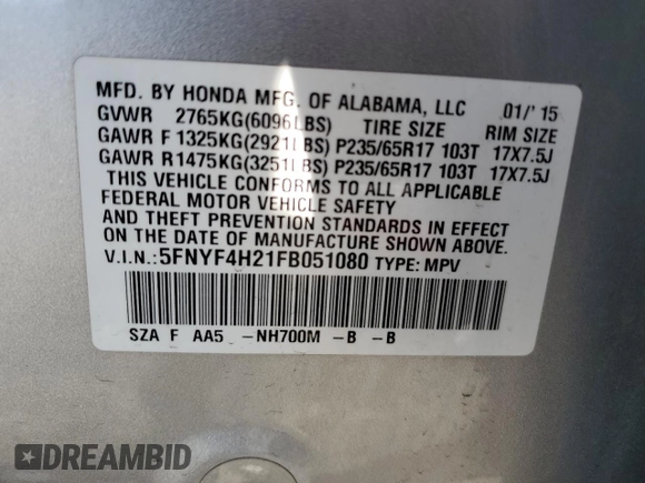 2015 Honda Pilot LX with VIN 5FNYF4H21FB051080, listed as a Copart auction lot 49046355 with 122,252 mi miles and Salvage Title. Bid and sale history available at DreamBid. Image 13.