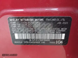 2022 Mitsubishi Mirage G4 ES with VIN ML32FUFJ7NHF06499, listed as a IAAI auction lot 41768320 with 19,331 mi miles. Bid and sale history available at carsss.com. Image 9.