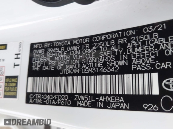 2021 Toyota Prius L Eco z VIN JTDKAMFU5M3146342, wystawiony jako IAAI lot #42249219 z przebiegiem 49 810 mil mil oraz . Historia ofert i sprzedaży dostępna na DreamBid. Obrazek 9.