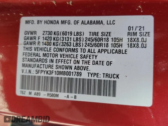 2021 Honda Ridgeline Sport with VIN 5FPYK3F10MB001789, listed as a Copart auction lot 56843985 with 57,132 mi miles and Non repairable. Bid and sale history available at DreamBid. Image 12.