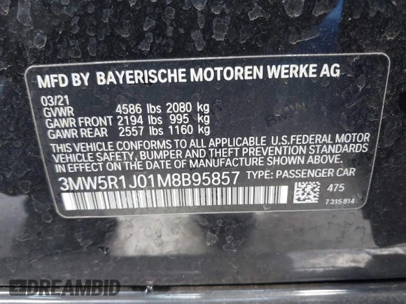 2021 BMW 3 Series 330i with VIN 3MW5R1J01M8B95857, listed as a IAAI auction lot 41522820 with 1 mi miles. Bid and sale history available at carsss.com. Image 9.