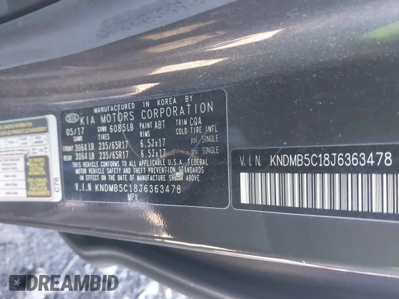 2018 Kia Sedona LX with VIN KNDMB5C18J6363478, listed as a IAAI auction lot 41687688 with 119,700 mi miles. Bid and sale history available at carsss.com. Image 9.