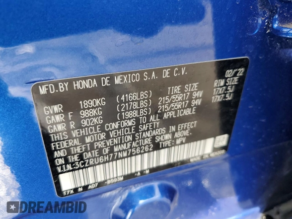 2022 Honda HR-V EX-L with VIN 3CZRU6H77NM756262, listed as a Copart auction lot 76905694 with 29,993 mi miles and Salvage Title. Bid and sale history available at carsss.com. Image 14.