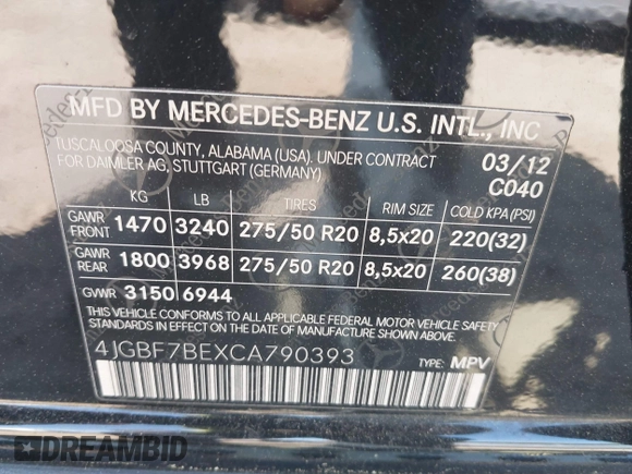 2012 Mercedes-Benz GL-Class GL 450 with VIN 4JGBF7BEXCA790393, listed as a IAAI auction lot 42082681 with 143,095 mi miles. Bid and sale history available at carsss.com. Image 9.