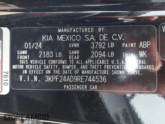 2024 Kia Forte LXS with VIN 3KPF24AD9RE744536, listed as a IAAI auction lot 41935944 with 10,746 mi miles. Bid and sale history available at carsss.com. Image 9.