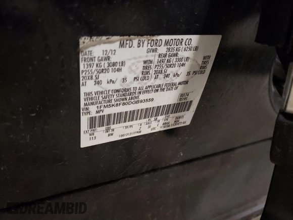 2013 Ford Explorer Limited z VIN 1FM5K8F80DGB93559, wystawiony jako Copart lot #52115365 z przebiegiem 159 681 mil mil oraz Szkoda całkowita • Salvage title. Historia ofert i sprzedaży dostępna na DreamBid. Obrazek 13.
