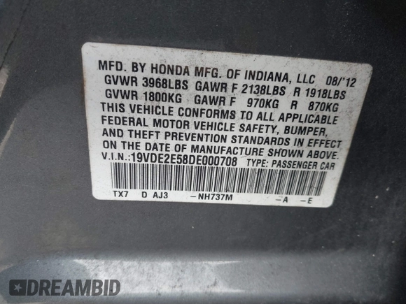 2013 Acura ILX 2.4L Premium Pkg with VIN 19VDE2E58DE000708, listed as a IAAI auction lot 41167828 with 235,181 mi miles. Bid and sale history available at carsss.com. Image 9.