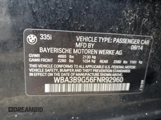 2015 BMW 3 Series 335i xDrive with VIN WBA3B9G56FNR92960, listed as a Copart auction lot 60963875 with 135,624 mi miles and Salvage title. Bid and sale history available at DreamBid. Image 12.