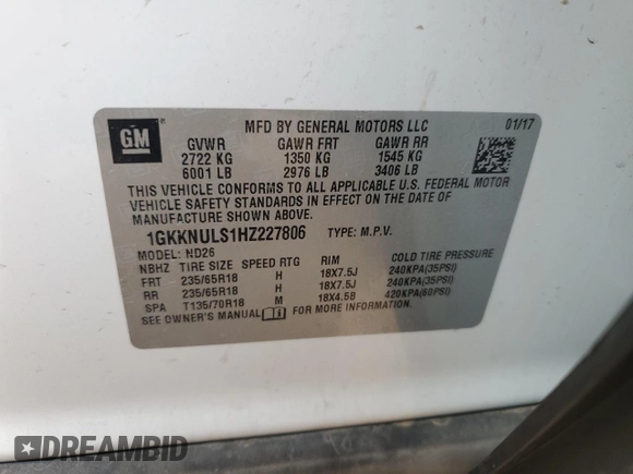 2017 GMC Acadia SLT with VIN 1GKKNULS1HZ227806, listed as a Copart auction lot 51687105 with 164,692 mi miles and Salvage Title. Bid and sale history available at carsss.com. Image 13.