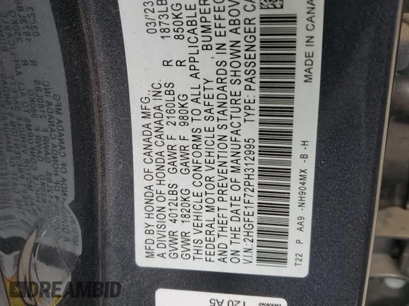 2023 Honda Civic EX z VIN 2HGFE1F72PH312995, wystawiony jako Copart lot #57284305 z przebiegiem 7 921 mil mil oraz Szkoda całkowita • Salvage title. Historia ofert i sprzedaży dostępna na DreamBid. Obrazek 12.