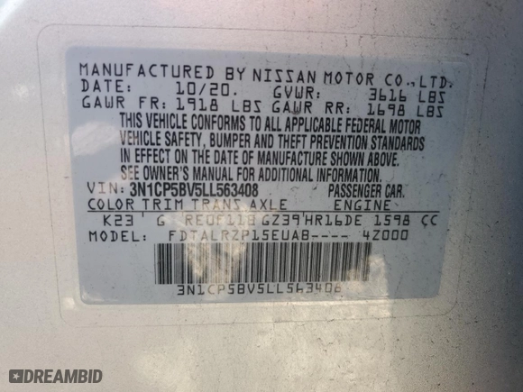 2020 Nissan Kicks S with VIN 3N1CP5BV5LL563408, listed as a Copart auction lot 43197625 with 64,195 mi miles and Salvage Title. Bid and sale history available at carsss.com. Image 13.