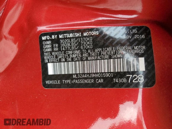 2017 Mitsubishi Mirage SE with VIN ML32A4HJ9HH015901, listed as a Copart auction lot 58991815 with 94,973 mi miles and Salvage title. Bid and sale history available at DreamBid. Image 12.