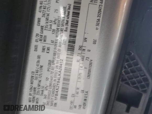 2020 Ford Transit Passenger XL with VIN 1FBAX2Y84LKA26412, listed as a Copart auction lot 80745484 with 95,100 mi miles and Salvage title. Bid and sale history available at DreamBid. Image 13.