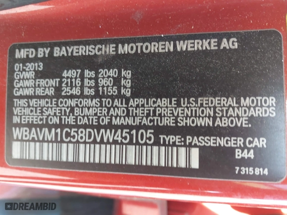 2013 BMW X1 28i with VIN WBAVM1C58DVW45105, listed as a IAAI auction lot 42049919 with 141,020 mi miles. Bid and sale history available at carsss.com. Image 9.