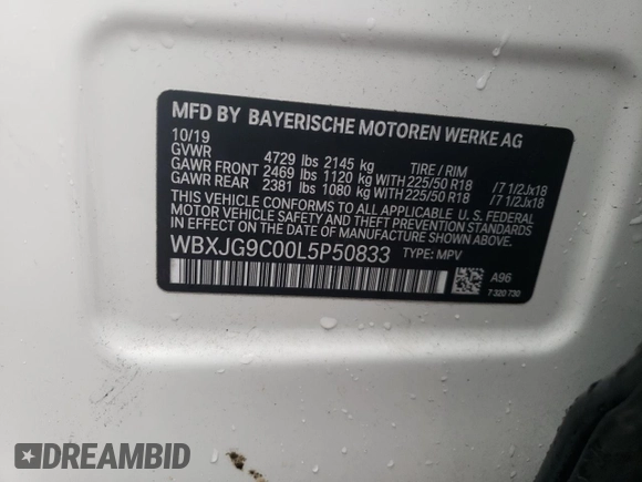 2020 BMW X1 xDrive28i with VIN WBXJG9C00L5P50833, listed as a Copart auction lot 37547123 with 37,039 mi miles. Bid and sale history available at carsss.com. Image 15.