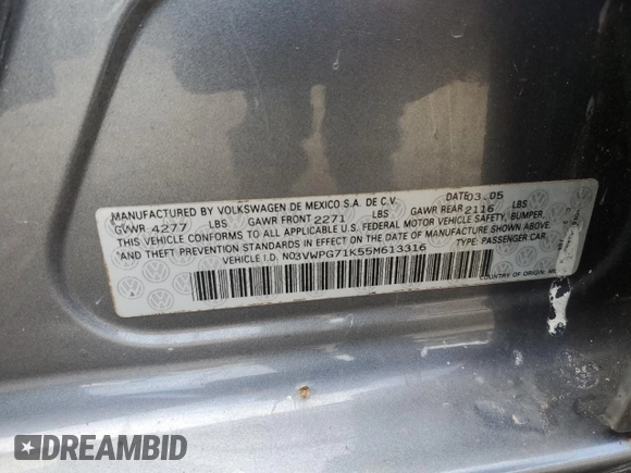 2005 Volkswagen Jetta 2.5 with VIN 3VWPG71K55M613316, listed as a Copart auction lot 78174924 with Not provided miles and Salvage title. Bid and sale history available at DreamBid. Image 12.