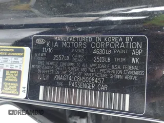 2017 Kia Optima Hybrid with VIN KNAGT4LC8H5008457, listed as a IAAI auction lot 41890144 with 122,340 mi miles. Bid and sale history available at carsss.com. Image 9.