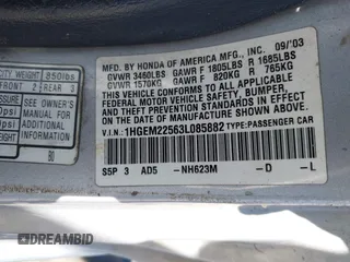 2003 Honda Civic LX with VIN 1HGEM22563L085882, listed as a IAAI auction lot 42227001 with 202,724 mi miles and . Bid and sale history available at DreamBid. Image 9.