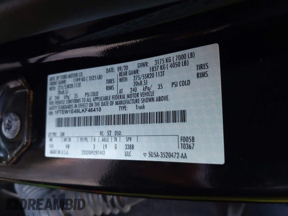 2020 Ford F-150 XL with VIN 1FTEW1E49LKF46410, listed as a IAAI auction lot 42271933 with 100,958 mi miles and . Bid and sale history available at DreamBid. Image 9.