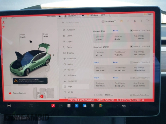 2023 Tesla Model 3 with VIN 5YJ3E1EAXPF652089, listed as a IAAI auction lot 42666520 with 17,679 mi miles and . Bid and sale history available at DreamBid. Image 7.