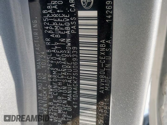 2025 Toyota Camry LE with VIN 4T1DAACK7SU069339, listed as a Copart auction lot 54189825 with Not Provided miles and Clean Title. Bid and sale history available at DreamBid. Image 12.