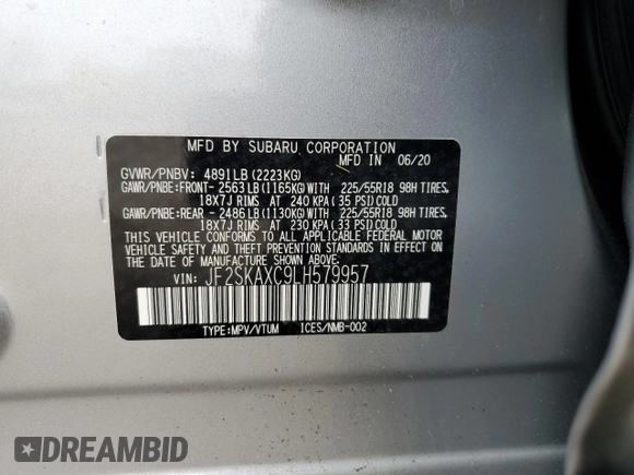 2020 Subaru Forester Touring with VIN JF2SKAXC9LH579957, listed as a Copart auction lot 89087915 with 0 mi miles and Salvage Title. Bid and sale history available at carsss.com. Image 15.