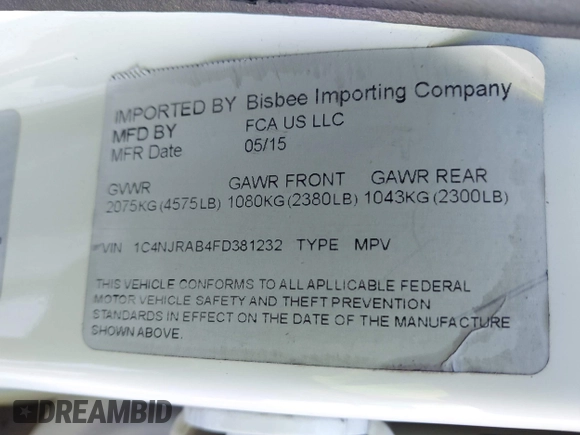 2015 Jeep Patriot High Altitude with VIN 1C4NJRAB4FD381232, listed as a IAAI auction lot 41289384 with 121,581 mi miles and . Bid and sale history available at DreamBid. Image 9.