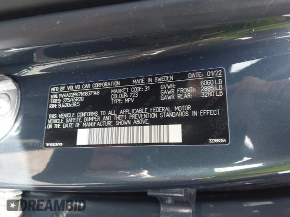 2022 Volvo XC90 Momentum with VIN YV4A22PK7N1837148, listed as a IAAI auction lot 41733774 with 33,709 mi miles and . Bid and sale history available at DreamBid. Image 9.